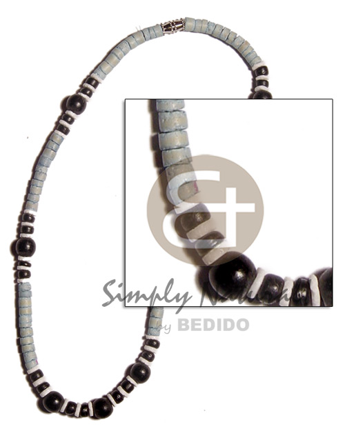 4-5mm coco heishe light blue  black coco Pokalet, white clam & wood beads combination - Shell Necklace
