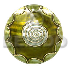 handpainted and colored round 55mm kabibe shell pendant embellished  elevated /embossed metallic paint accent lines / olive green and gold tones hand painted using japanese materials in the form of maki-e art a traditional japanese form of hand painting - Shell Pendant
