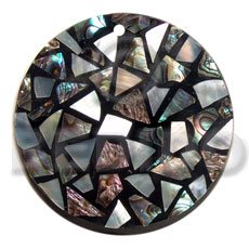 flat 70mm black round resin  laminated MOP/paua chip - Shell Pendant