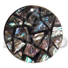 flat 45mm round  black resin  laminated paua chips - Shell Pendant