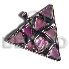 triangle 50mm glistening pink abalone / molten silver metal series /  attached 5mm bell ring / electroplated - Shell Pendant