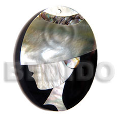 50mmx38mm oval pendant /elegant hat lady delicately etched in shells - brownlip, blacklip and paua combination in jet black laminated resin / 5mm thickness - Shell Pendant