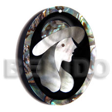 50mmx38mm oval pendant /elegant hat lady delicately etched in  shells - brownlip, blacklip and paua combination in jet black laminated resin / 5mm thickness - Shell Pendant