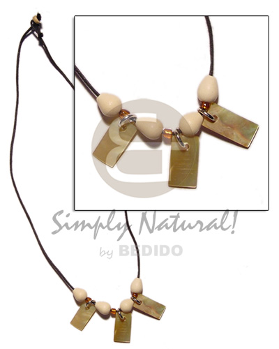 3 pc. 20mm rectangular MOP  wood beads in wax cord - Surfer Necklace