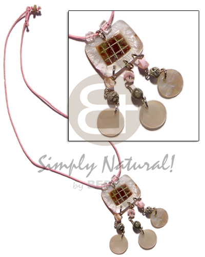 rectangular 35mm hammershell  skin  dangling 10mm round hammershell & crazy cut shell in wax cord - Surfer Necklace