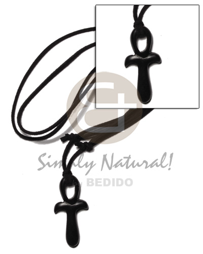 40mm black celtic carabao horn bishops cross on adjustable leather thong - Surfer Necklace