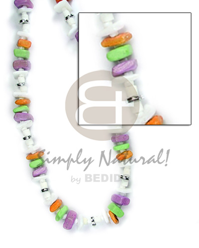 white rose, white clam heishe  orange/neon green/ lilac coco sq. cut combination - Surfer Necklace