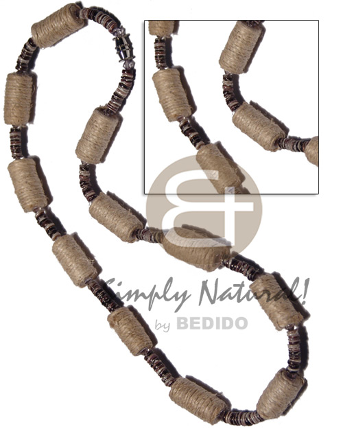 4-5mm violet oyster heishe  20mmx10mm wood tube wrapped in jute - Surfer Necklace