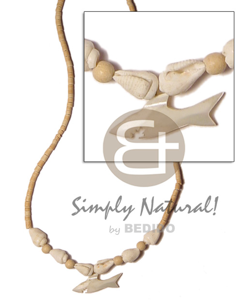 2-3mm coco heishe natural  white nassa & troca shark - Surfer Necklace