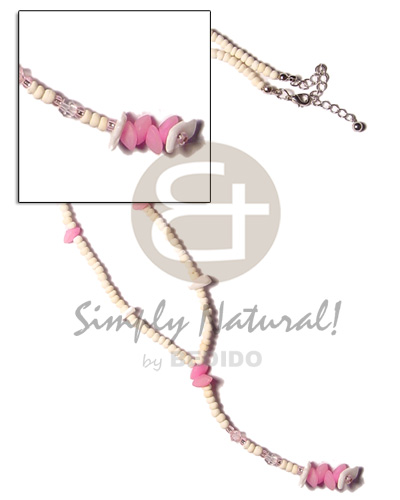 y necklace 2-3 coco bleach pokalet  white rose/pink buri seed nuggets/pink crystal beads - Tassled Necklace