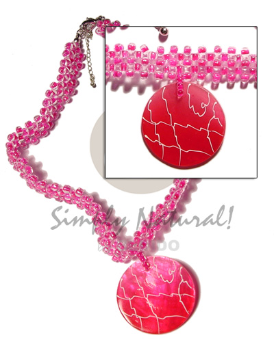 fuschia pink glass beads flat choker  matching 40mm round fuschia pink capiz shell  webbing - Teens Necklace