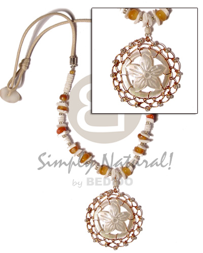 carved round floral MOP  brass wire & glass beads in wax cord  white rose,white clam and horn beads - Teens Necklace