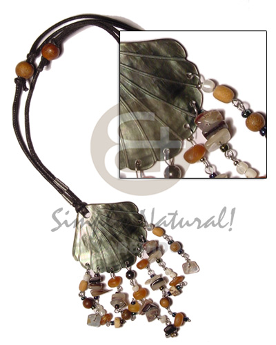 45mm blacklip  dangling shell, wood & horn beads looping tassles on adjustable wax cord - Teens Necklace