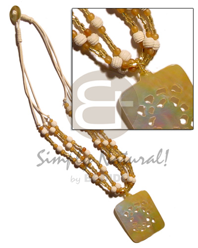 3 layer wax cord  glass, wood & horn beads accent  40mmx35mm MOP rectangular pendant - Teens Necklace