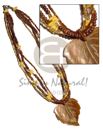 4 layers 2-3mm coco Pokalet. & glass beads  shell accent brownlip 45mm pendant - Teens Necklace