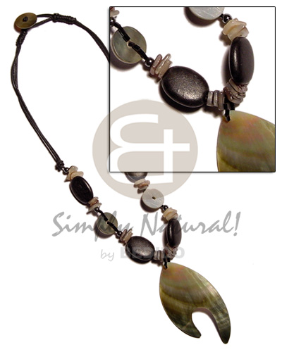 45mm blacklip pendant in double wax cord  wood & shell beads accent - Teens Necklace