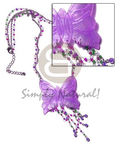 tassled lavender 50mm butterfly hammershell pendant in metal chain & metal looping  glass beads accent - Teens Necklace