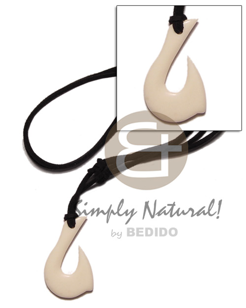 white carabao bone hook 40mm on adjustable leather thong - Teens Necklace