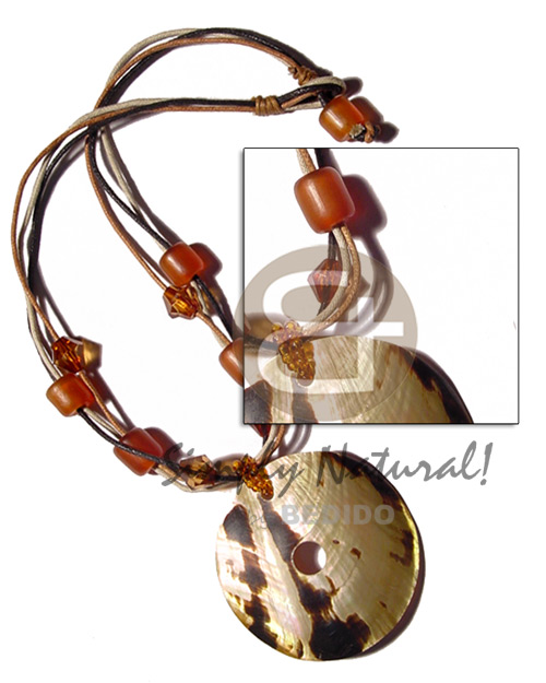 3 layers wax cord  amber bone cylinder & crystals accent  50mm round blacklip tiger pendant - Teens Necklace