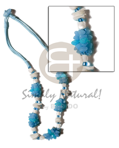 aqua blue 3 layer wax cord  buri seeds, shell & white rose beads combination - Teens Necklace