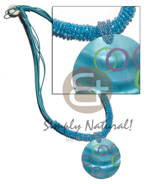8 layers wax cord  glass beads & 40mm round  handpainted kabibe pendant - Teens Necklace