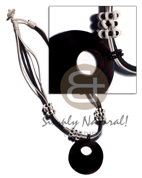 5 layers wax cord  white clam & glass beads combination & 40mm black horn  pendant - Teens Necklace