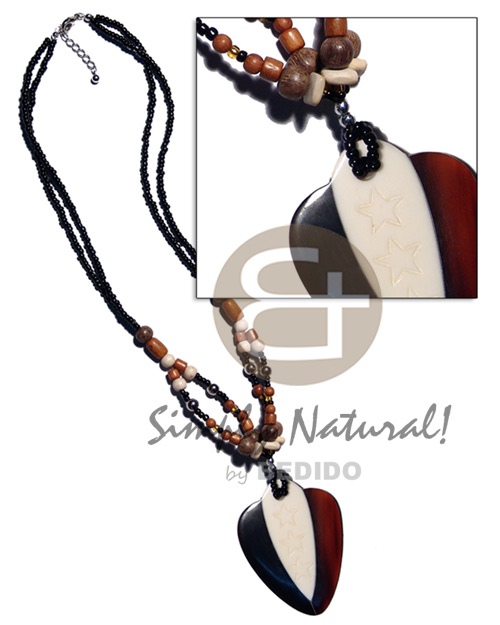 55mmx40mm bone & dark amber horn pendant  2 layer black glass beads & wood beads combination - Teens Necklace