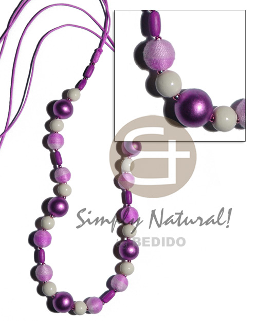 12mm wrapped wood beads w 15mm  round, 10mm buffed bleached and ricebeads wood beads combination in double  golden wax cord/ lilac tones / 36 in adjustable - Teens Necklace