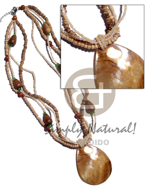 4 rows 2-3mm coco Pokalet, glass beads  wood robles wood beads accent and 55mm teardrop MOP  skin pendant - Teens Necklace