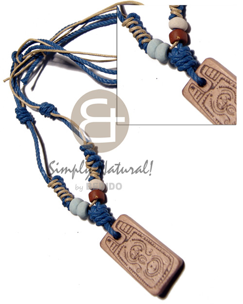 4 layers wax cord in blue/ beige  tones combination   35mmx20mm rectangular wood  burning pendant / adjustable - Teens Necklace