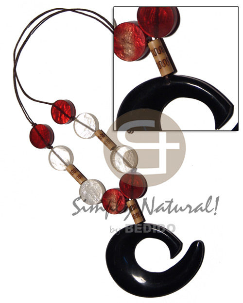 wax cord  20mm laminated red/nat. white capiz  clear resin backing and bamboo burning  80mm55mm black resin pendant / 26in - Teens Necklace