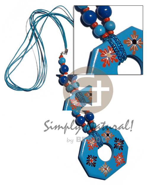 4 layers wax cord  round wood beads, marbled 40mmx20mm semi- oval wood beads combination  octagon 75mmx60mm  nat. wood handpainted floral pendant / aqua blue,dark blue and orange tones / 30in. - Teens Necklace