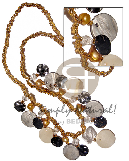 golden glass beads  dangling 20mm 7pcs.nat. white and silver kabibe shells  pearl beads and crystals accent / 22in - Teens Necklace