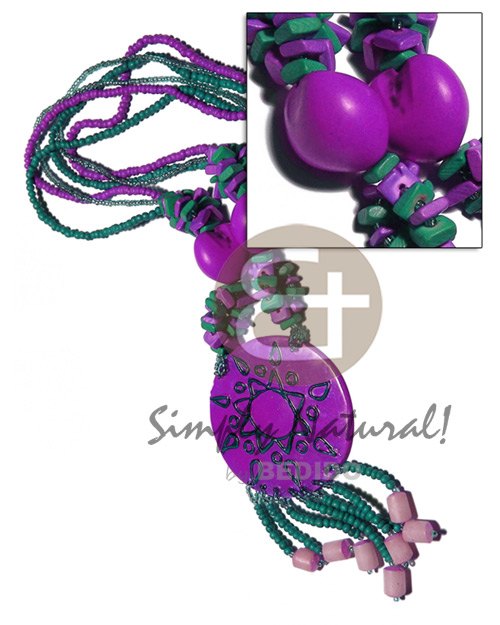 3 layers 2-3mm coco Pokalet  and glass beads  kukui nuts, coco square cut and tassled buri seeds and 60mm hapdpainted and laminated 60mm capiz shell / dark orchid and sea green combination  / 22in. - Teens Necklace