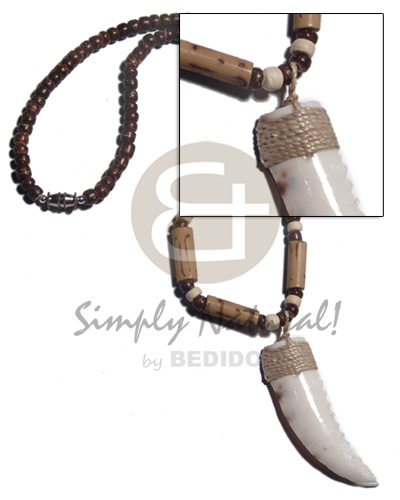 4-5mm coco nat brown  bamboo tube  burning accent and cowrie fang pendant / 18in - Teens Necklace
