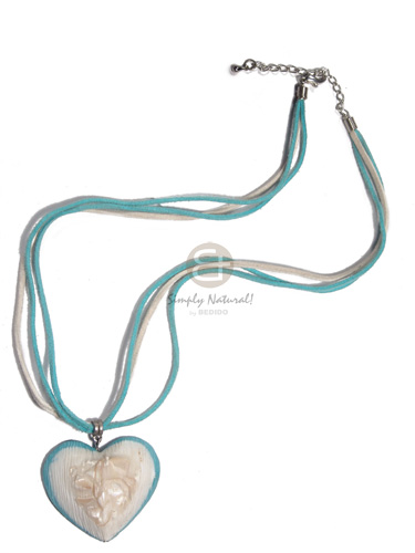 3 rows leather thong  matching textured resin 40mmx45mm heart  embedded troca chips/ aqua blue and white tones / 16in - Teens Necklace