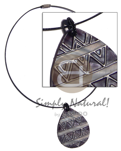 coated black cable wire neckline  handpainted and colored teardrop 60mmx48mm  kabibe shell pendant embellished  elevated /embossed metallic paint accent lines / gray and silver tones / 18in - Teens Necklace