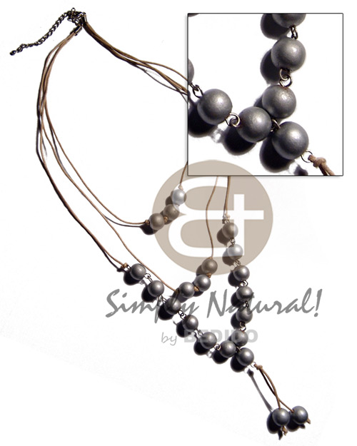 3 graduated rows 16in/20in/24in of tassled beige wax cord  10mm silver wood beads accent - Teens Necklace