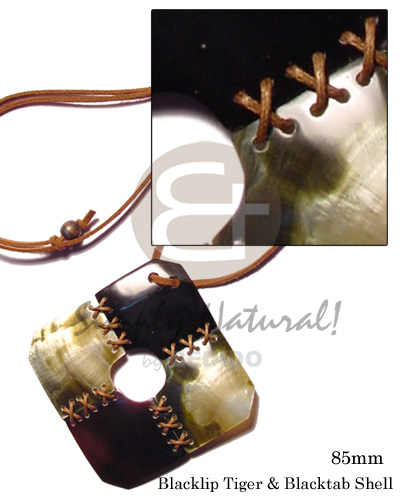 leather thong  black tab/black lip jigsaw weaved  wax cord pendant - Teens Necklace