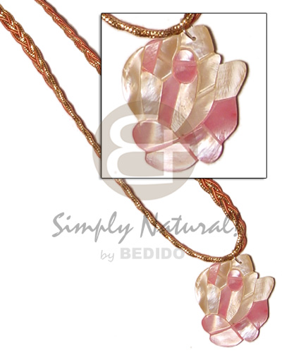 braided gold cord  inlaid pink rose hammershell - Teens Necklace