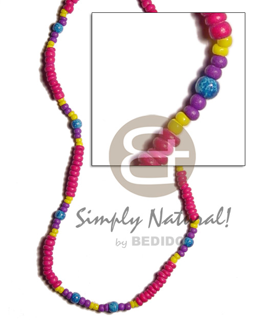 4-5mm fuschia pink coco pokalet  yellopurple 2-3mm coco Pokalet combination and blue wood beads marble splashing - Teens Necklace