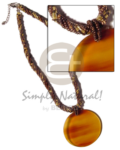 twisted 2-3mm nat. brown coco Pokalet. & glass beads  40mm round amber bone pendant - Unisex Necklace