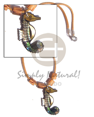 sea horse pendant /w inlay / in amber palmwood 8mm - Unisex Necklace