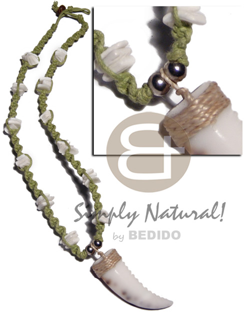 50mmx15mm cowrie shell fang pendant in light green macrame  white rose shell accent - Unisex Necklace