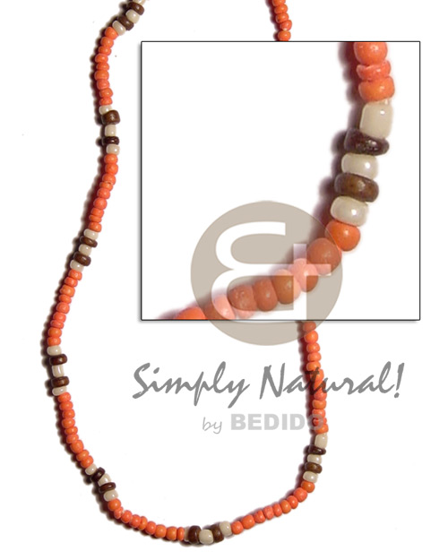 2-3mm orange/nat brown combination coco pokalet/glass beads - Unisex Necklace