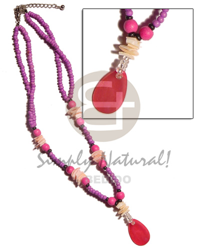 2 rows 2-3mm pink coco Pokalet  pink rose & wood beads combination and 25mm pink hammershell teardrop pendant - Womens Necklace