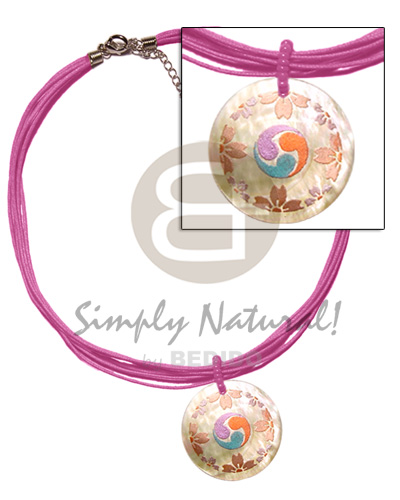 6 layer pink wax cord  matching 40mm round handpainted hammershell pendant - Womens Necklace