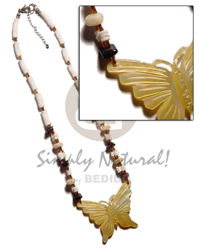 4-5mm white clam  shells & glass beads combination & 45mm carved MOP butterfly pendant - Womens Necklace