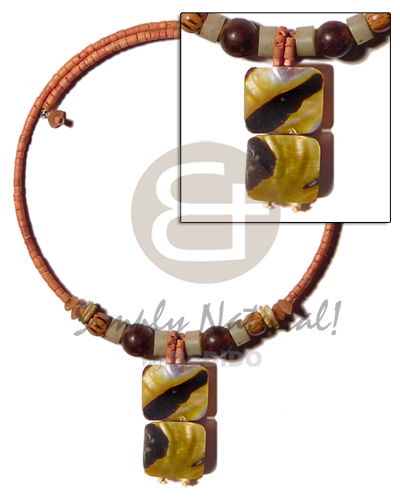 rust 2-3mm coco heishe wire choker  buri & wood beads accent  dangling two 20mmx25mm rectangular blacklip tiger  resin backing pendant - Womens Necklace