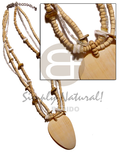 3 layet coco nat. 2-3mm coco heishe/Pokalet.  glass beads & shell beads accent  45mm melo pendant - Womens Necklace